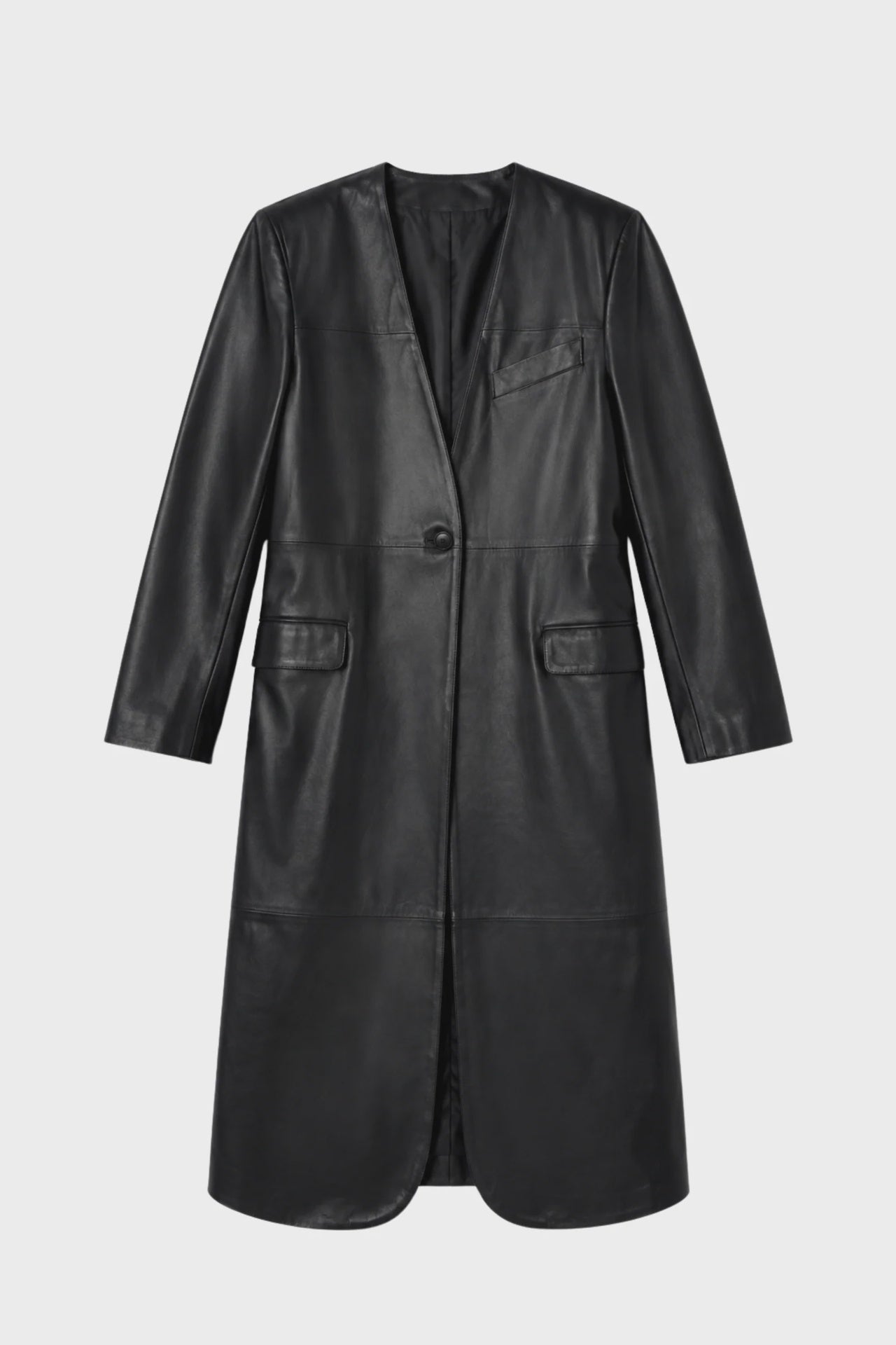 LONG LEATHER COLLARLESS COAT