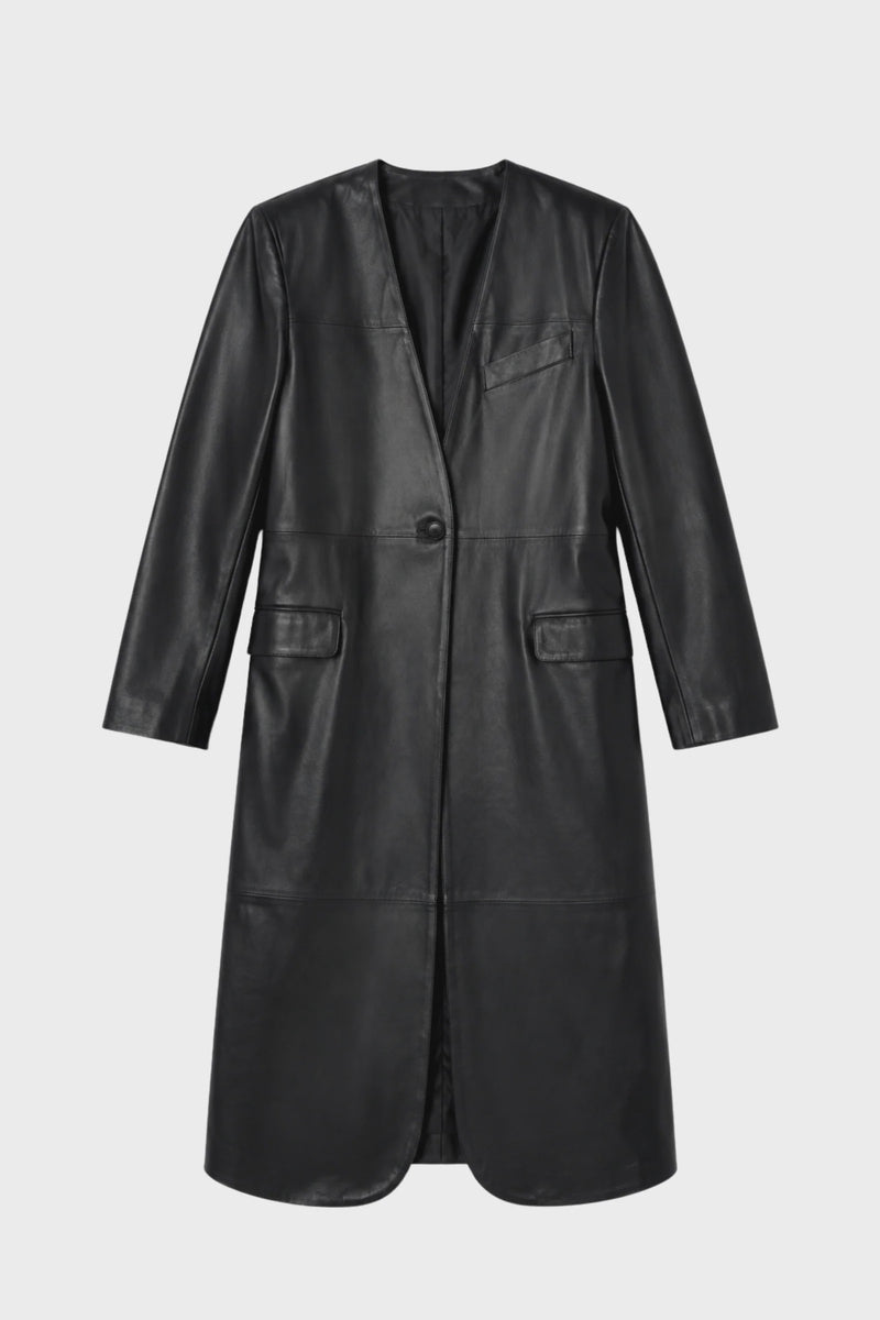 LONG LEATHER COLLARLESS COAT